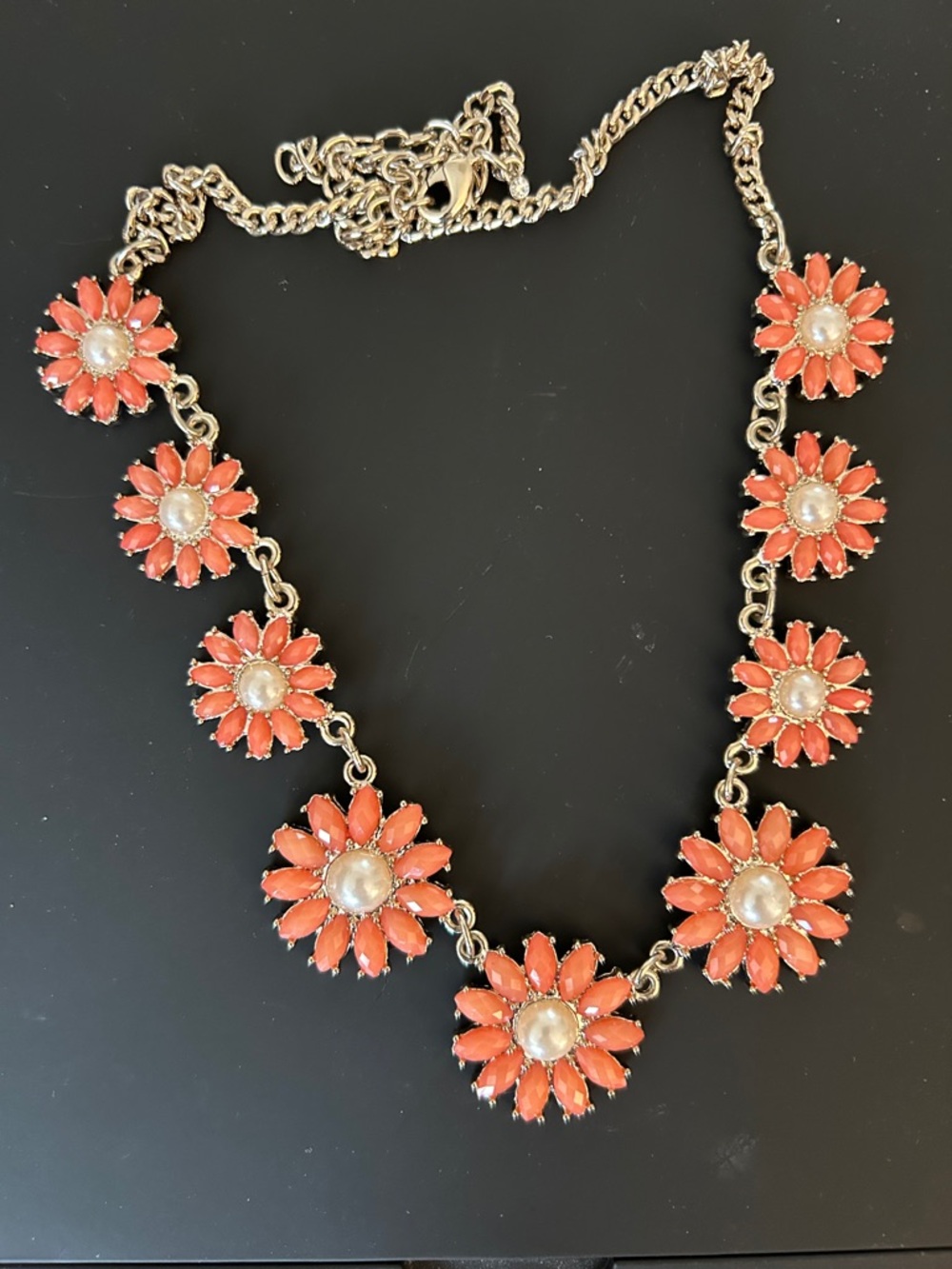 Coral Pink Flower Statement Necklace with Pearl Centers